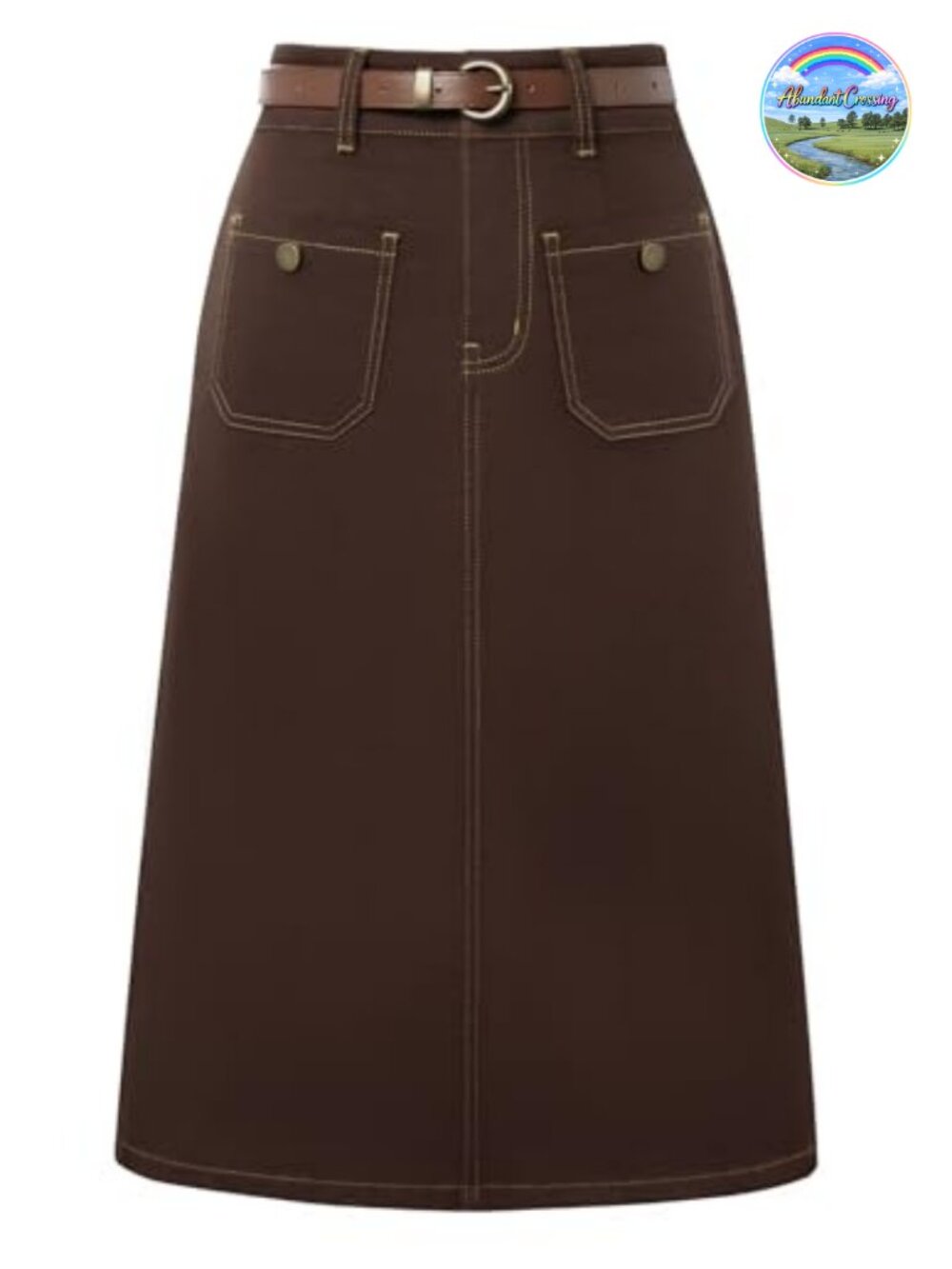 High Waisted Denim Skirt with Belt Below Knee Jean Skirt for Women